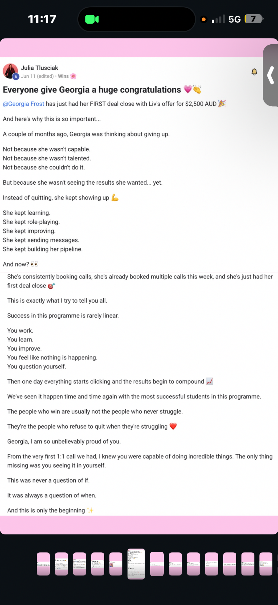 Original JTCoachingX post celebrating a student's first closed deal after consistently booking calls
